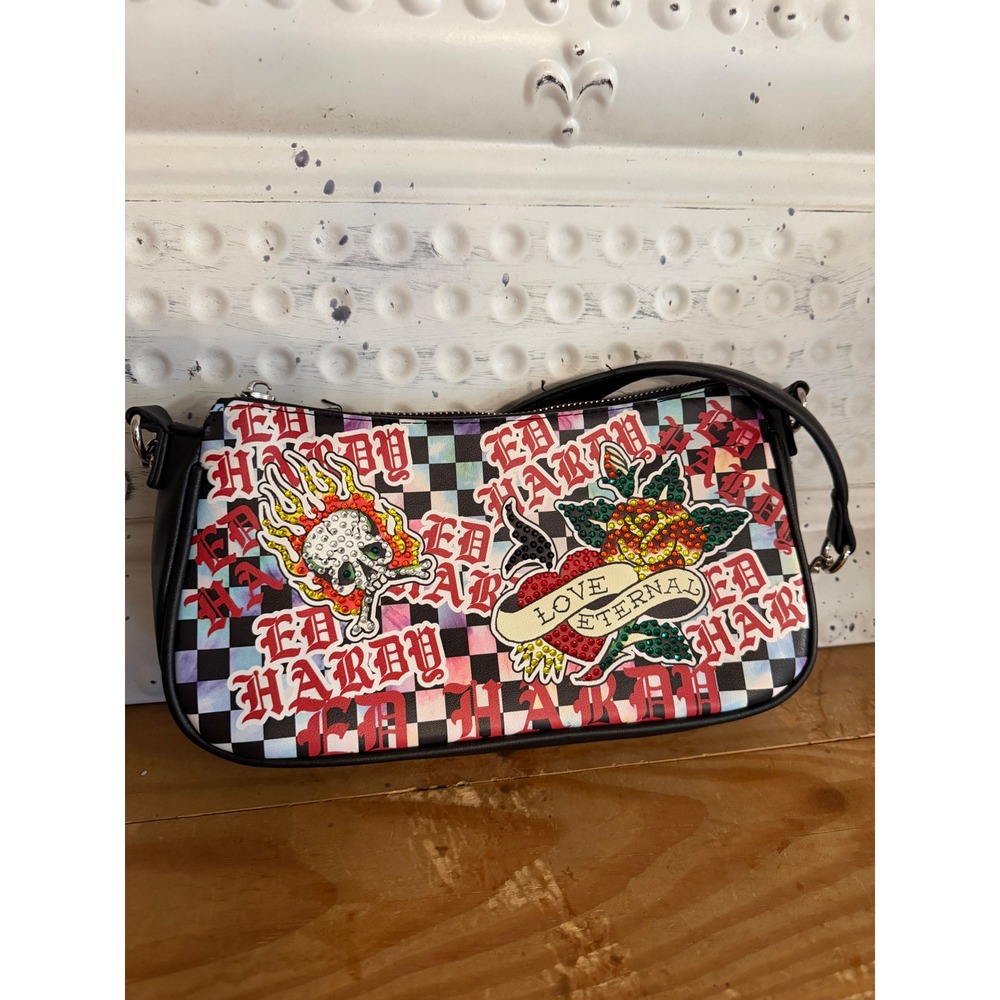 Ed Hardy Love Eternal Rhinestone Skull Rose Checkerboard Y2K Shoulder Bag